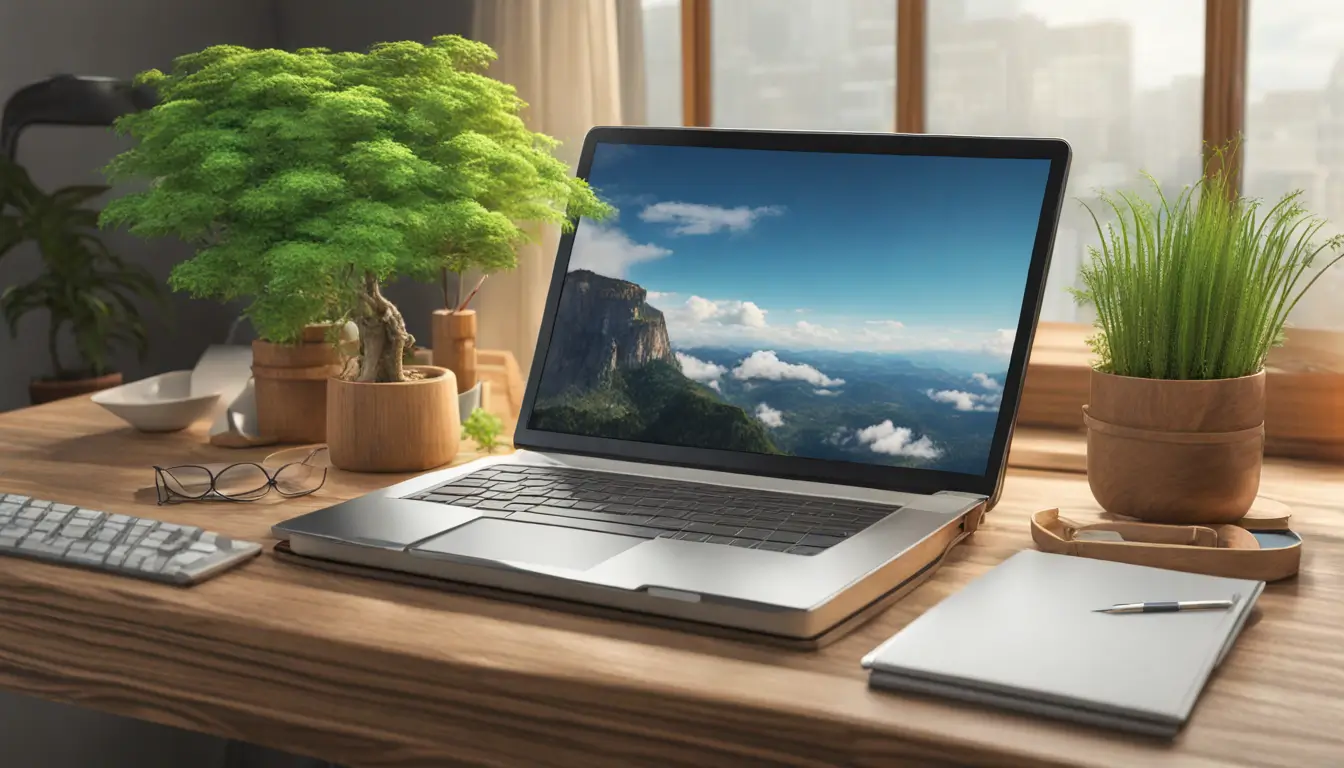 Imagem de uma mesa com laptop, gráficos financeiros, moedas de euro, canetas e planta, representando a gestão de finanças em startups.